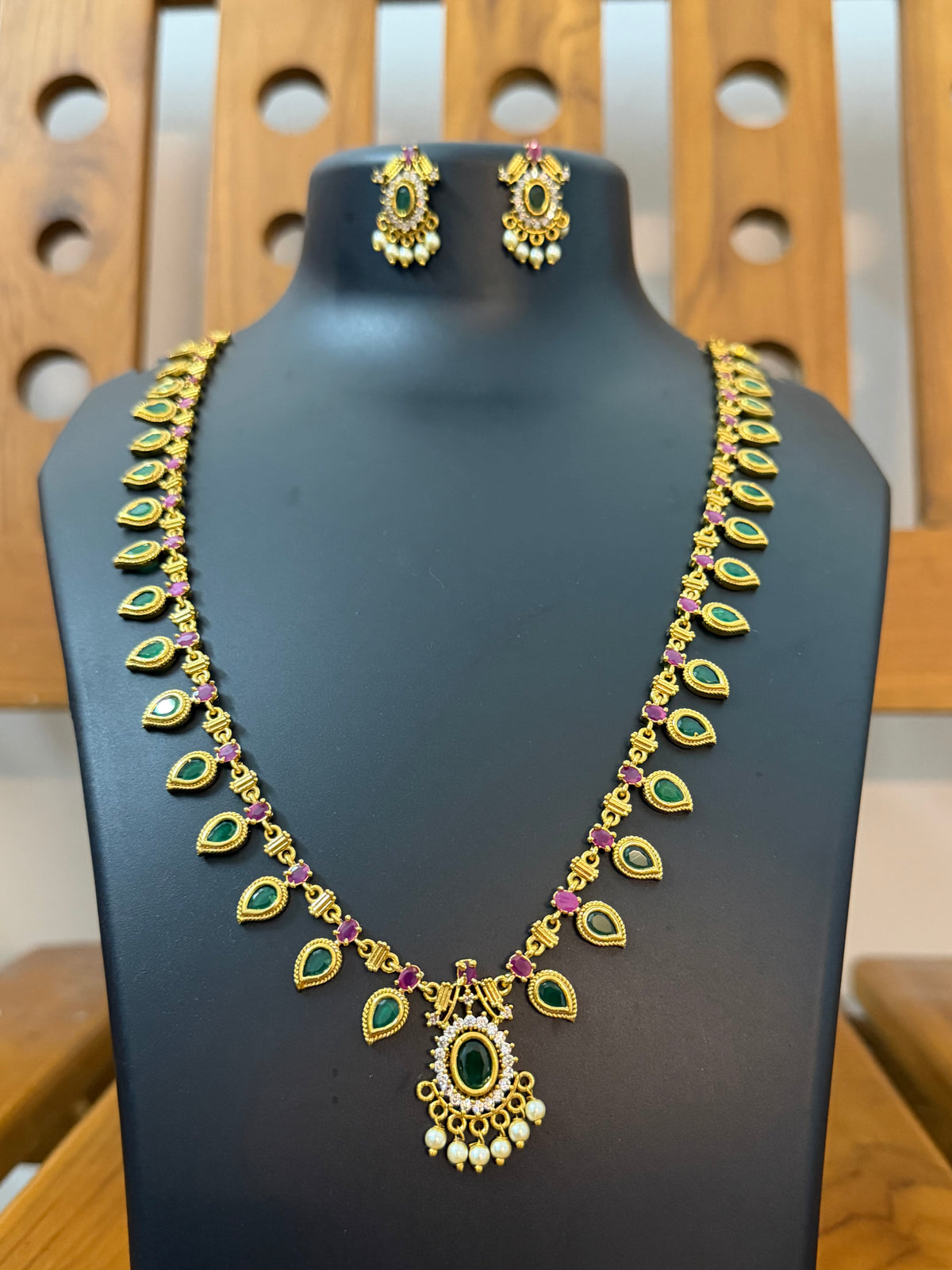 AD Stone Green Thilagam Long Haram with Pendant & Earrings - 26 Inch - Palakka Haram
