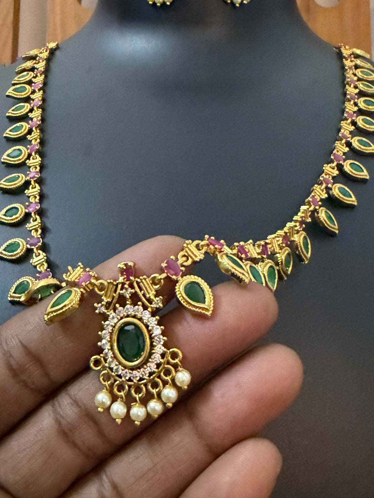 AD Stone Green Thilagam Long Haram with Pendant & Earrings - 26 Inch - Palakka Haram