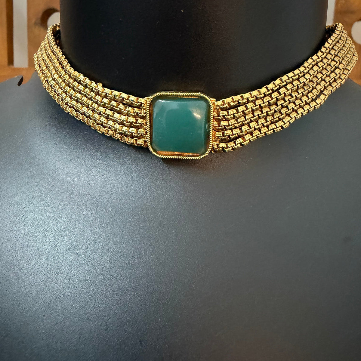 Emerald Square Choker Set - 5 Layer Antique Gold Mesh Choker with Stud Earrings