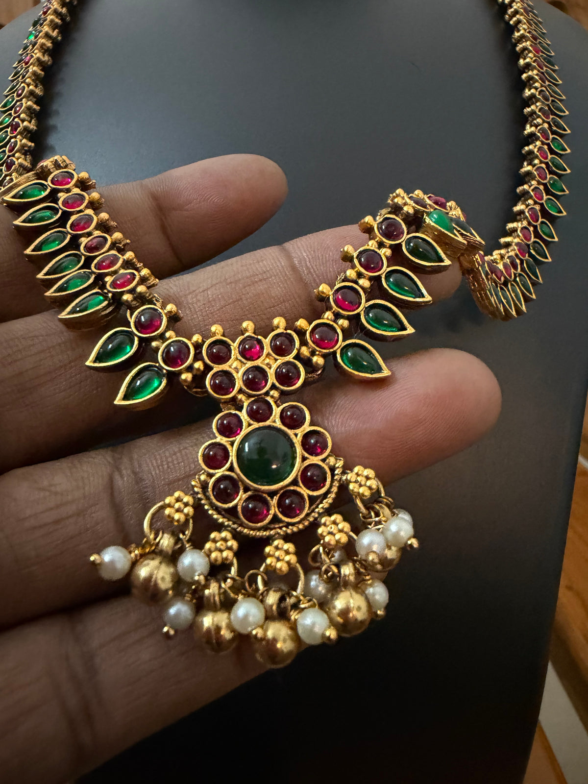 Mullai Kemp Long Haram Set - Red & Green Mango Leaf Temple Necklace withearrings