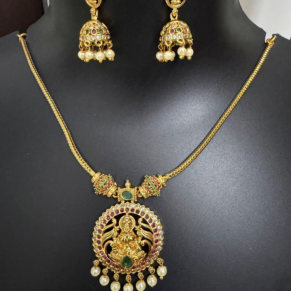 Mahalakshmi Temple Necklace Set with Ruby, Emerald & Pearl Jhumkas