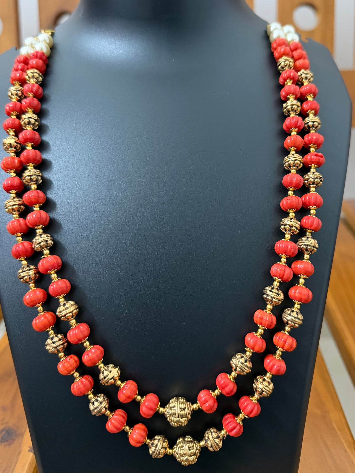 Red Coral Double Layer Long Necklace | Pavalam Mala with Antique Gold Beads and Pearls - RK Jewels