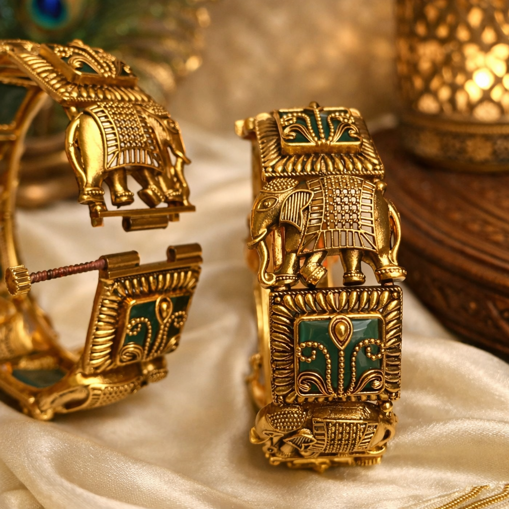 Elephant Kada Bangle with Green Enamel – Royal Temple Jewelry - GJ9520