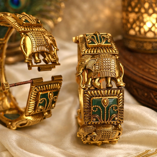 Elephant Kada Bangle with Green Enamel – Royal Temple Jewelry - GJ9520