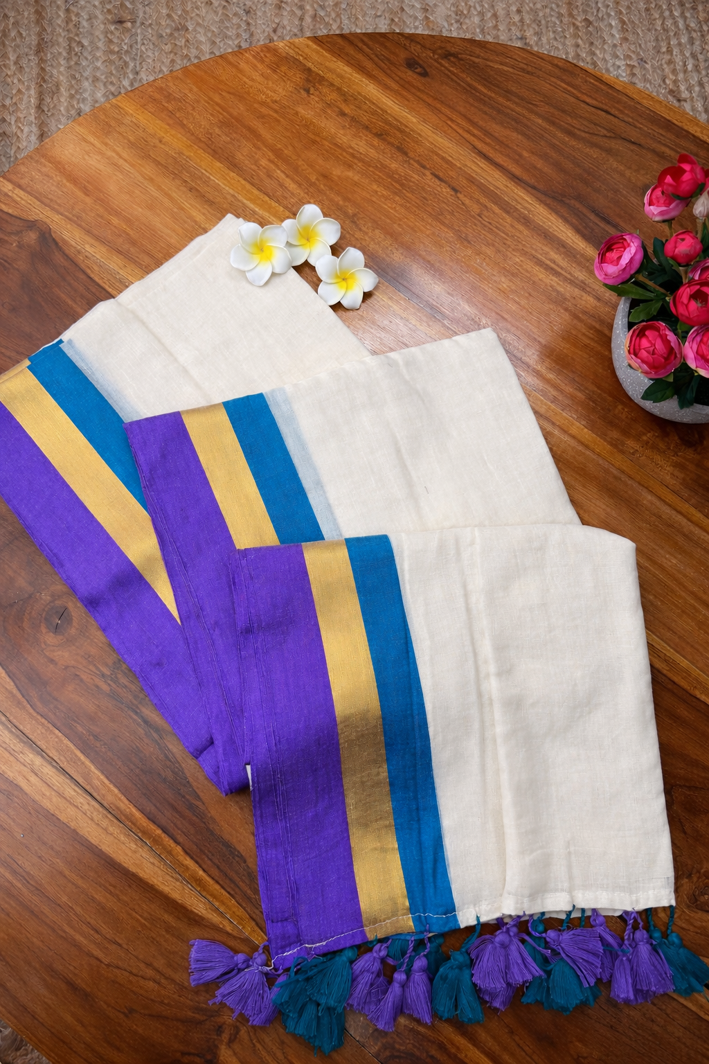 Mal cotton trending saree with Purple–Teal Kasavu Border & Tassels I Summer collection