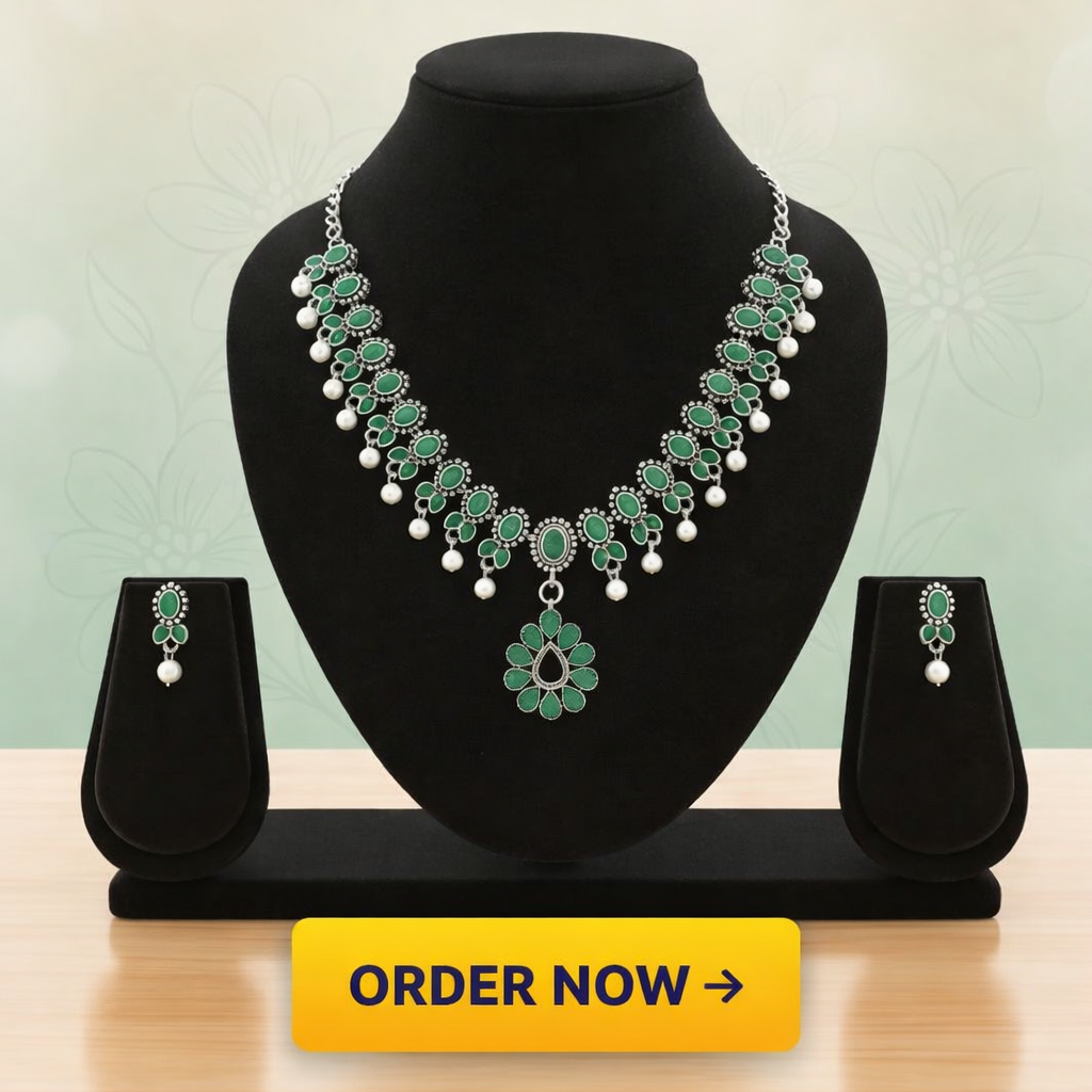 Green Stone Pearl Necklace Set