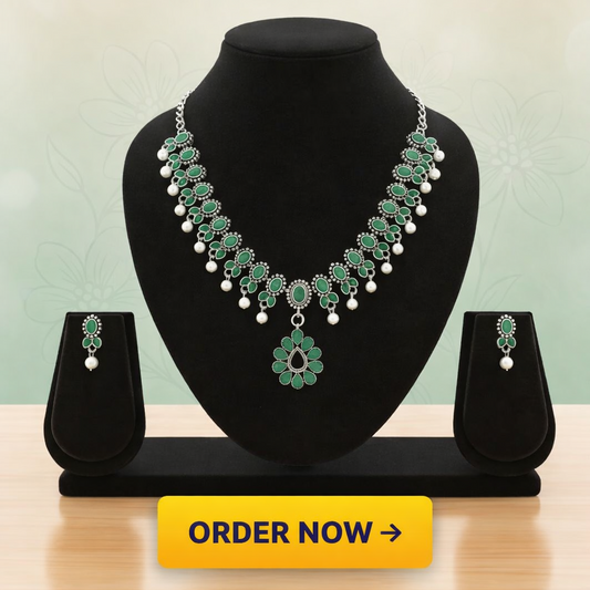 Green Stone Pearl Necklace Set