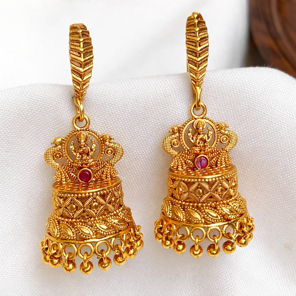 Lakshmi Temple Gold Jhumka Earrings – Antique Finish Festival Wear