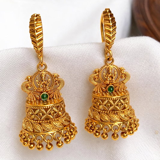 Lakshmi Temple Gold Jhumka Earrings – Antique Finish Festival Wear
