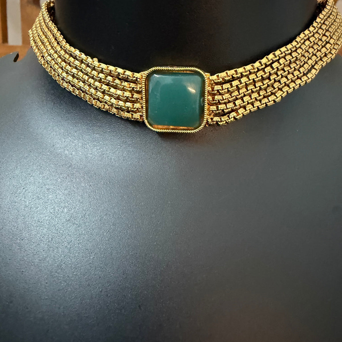 Emerald Square Choker Set - 5 Layer Antique Gold Mesh Choker with Stud Earrings