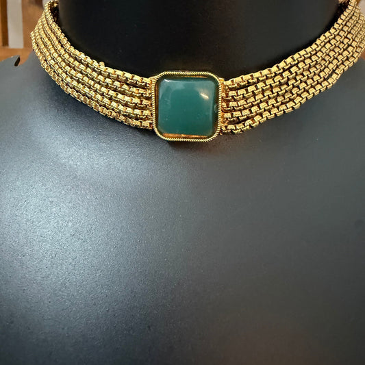 Emerald Square Choker Set - 5 Layer Antique Gold Mesh Choker with Stud Earrings