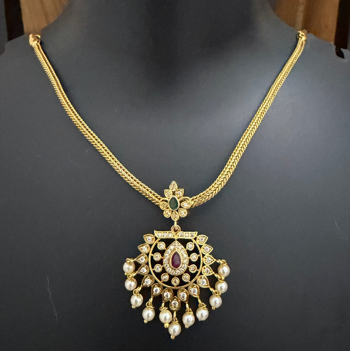 Ruby-Emerald Pearl Guttapusalu Pendant Set - Attigai Necklace with Earrings