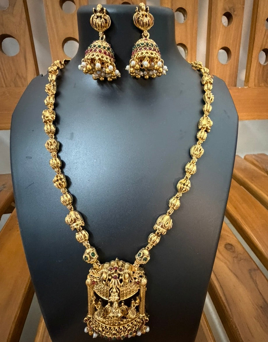 Temple Mandapam Lakshmi Long Haram with Lotus Chain & Pearl Jhumka - Antique Bridal Set