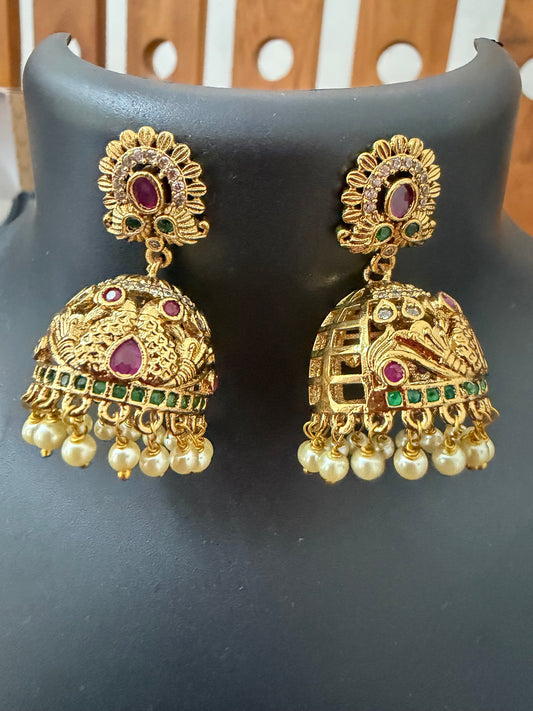 AD stone Jhumka with pearl hanging
