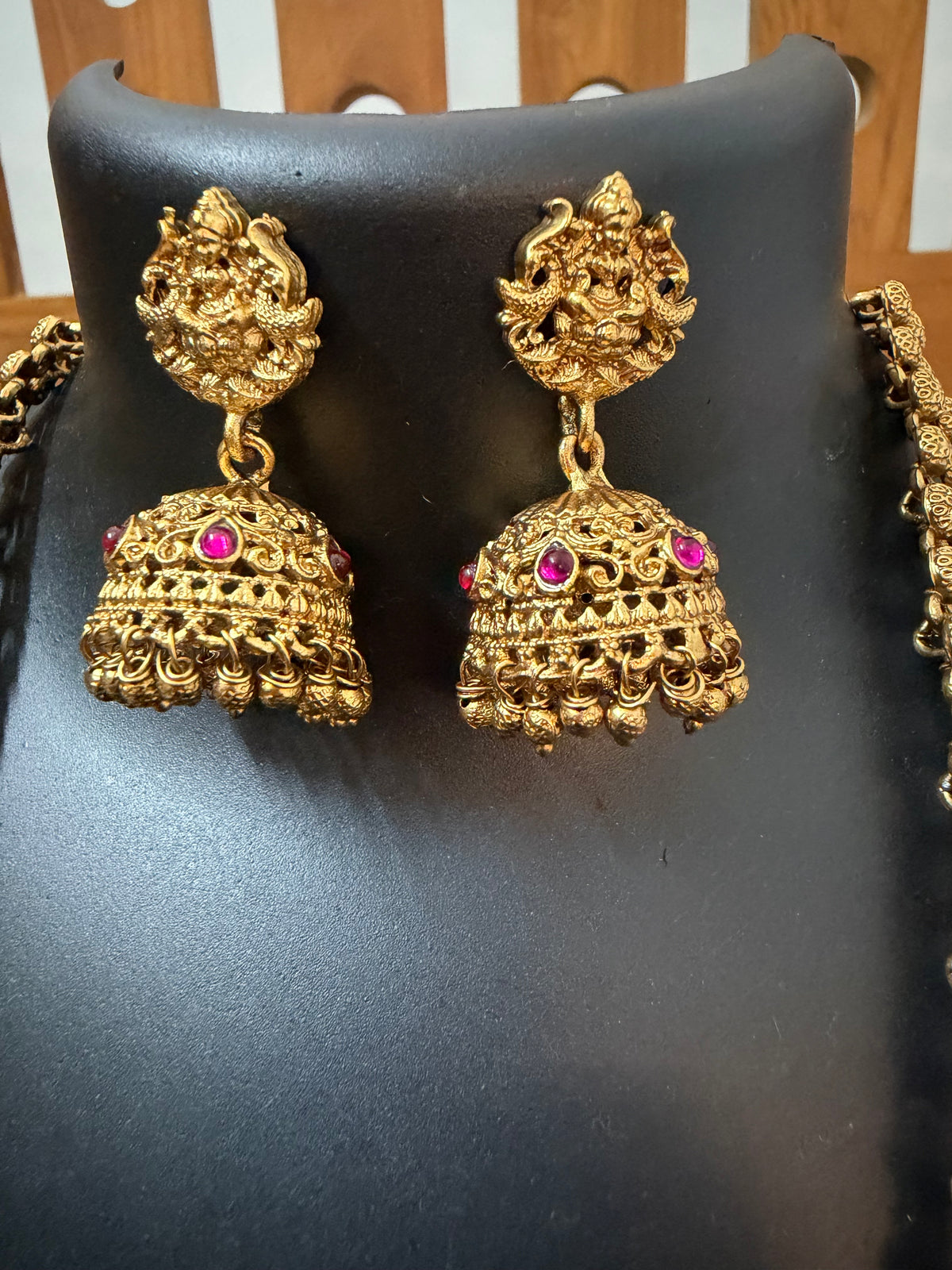 Lakshmi Peacock Arch Long Haram with Maroon Enamel Pendant & Heavy Jhumka - Premium Temple Bridal Set