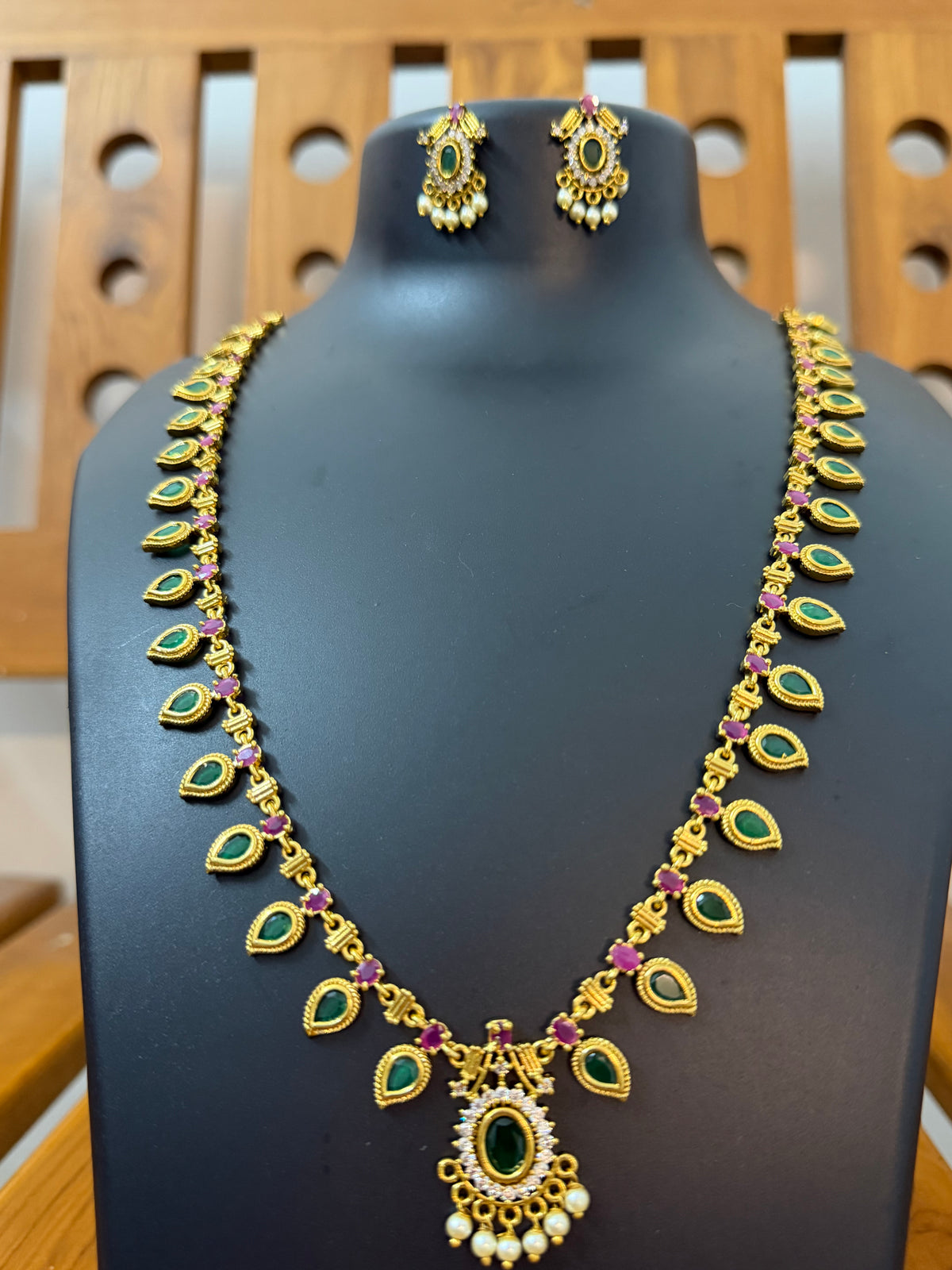 AD Stone Green Thilagam Long Haram with Pendant & Earrings - 26 Inch - Palakka Haram