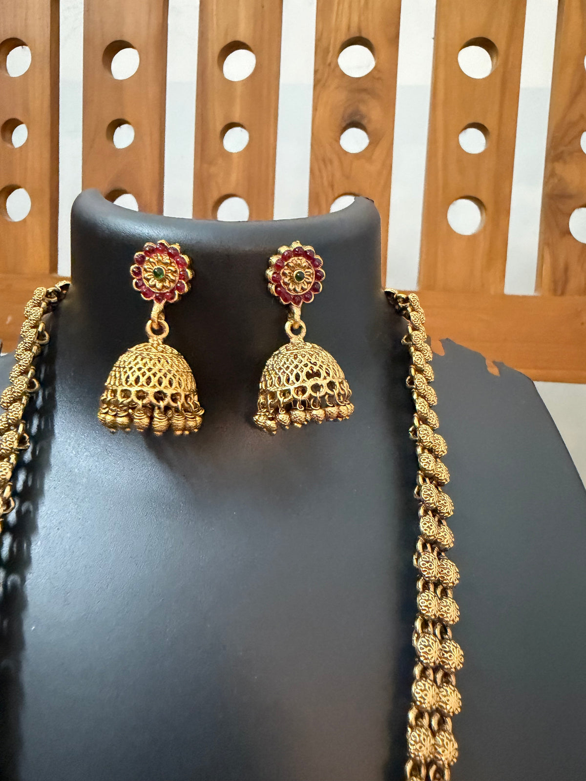 Double Flower Ball Long Haram with Big Round Pendant & Jhumka - Antique Temple Bridal Set