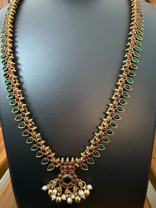 Mullai Kemp Long Haram Set - Red & Green Mango Leaf Temple Necklace withearrings