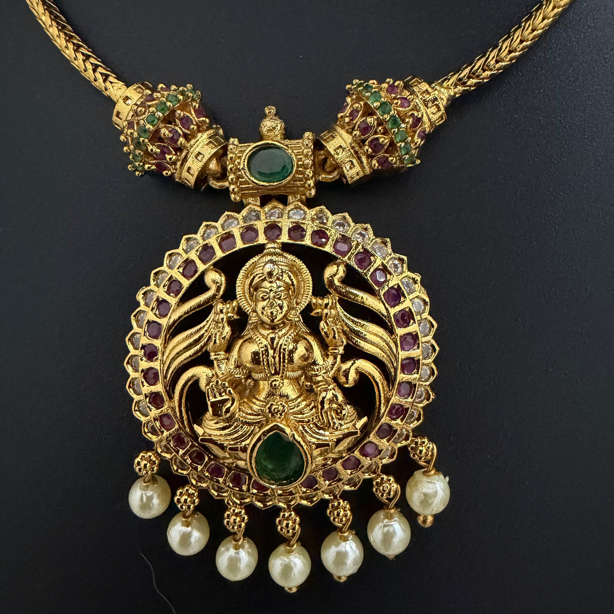 Mahalakshmi Temple Necklace Set with Ruby, Emerald & Pearl Jhumkas
