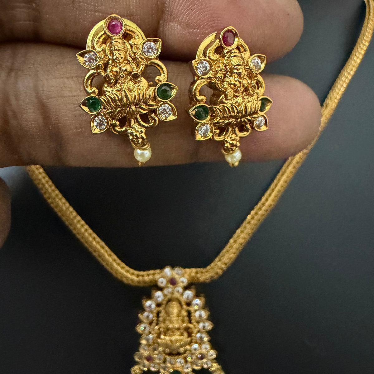 Aishwarya Lakshmi Attigai Necklace Set : Antique Gold Temple Jewellery with Earrings