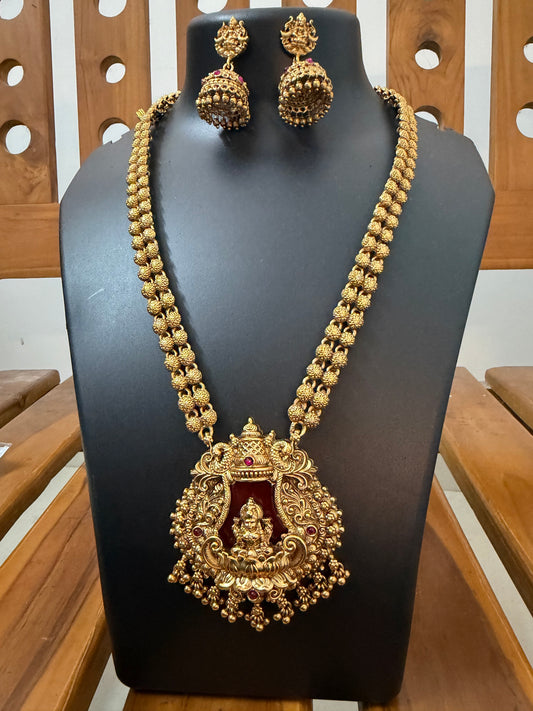 Lakshmi Peacock Arch Long Haram with Maroon Enamel Pendant & Heavy Jhumka - Premium Temple Bridal Set