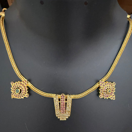 Tirupati Venkatesha Divya Mugappu Necklace : Srinidhi Thirunaamam Mugappu Necklace - Ruby White AD Stone Temple Necklace