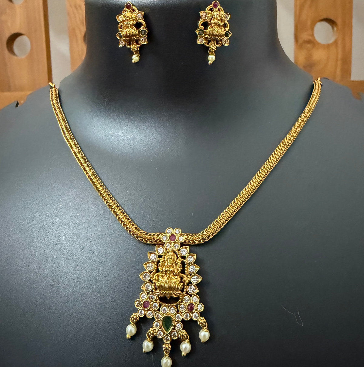 Aishwarya Lakshmi Attigai Necklace Set : Antique Gold Temple Jewellery with Earrings