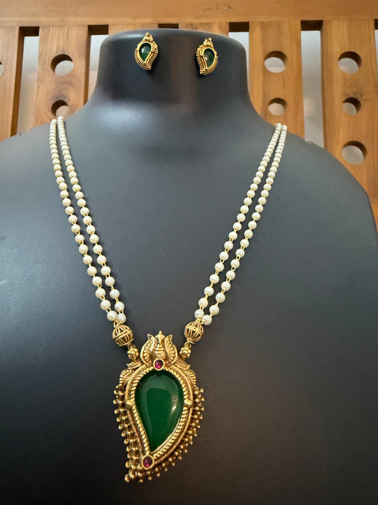 Kerala Pearl Long Haram with Green Mango Pendant - Double Layer White Pearl Haram with Palakka Pendant & Earrings