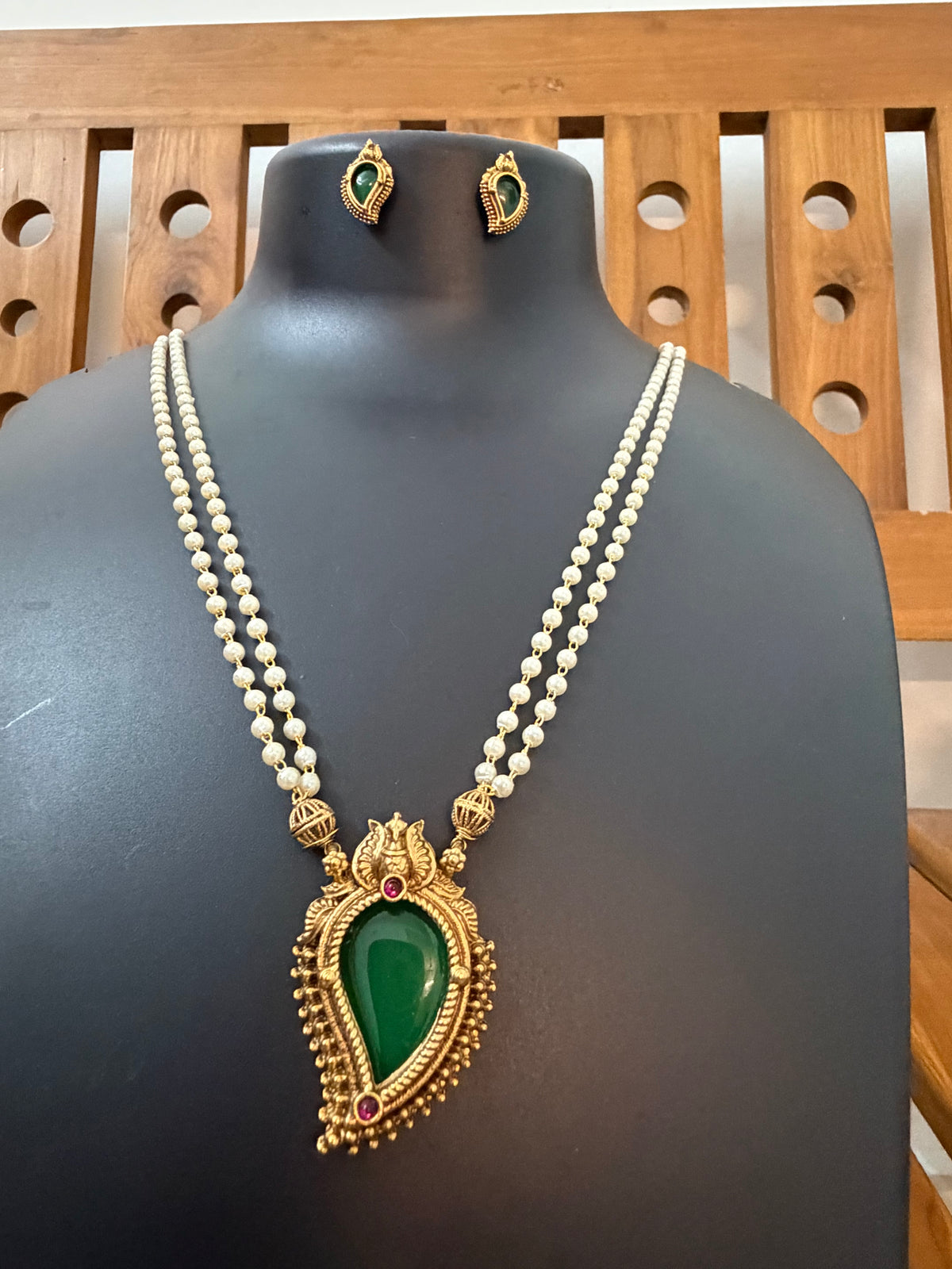 Kerala Pearl Long Haram with Green Mango Pendant - Double Layer White Pearl Haram with Palakka Pendant & Earrings