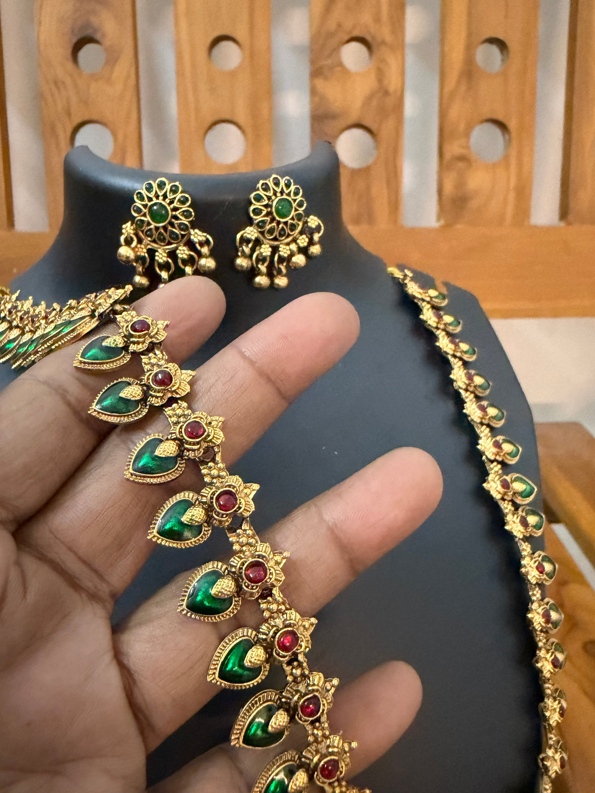 Kerala Green Palakka Mango Long Haram with Big Pendant & Earrings - Antique Temple Long Haram 24 Inch