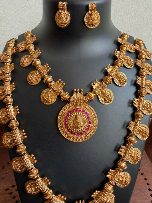 Lakshmi Temple Coin Combo Set - Short Necklace, Long Haaram & Earrings