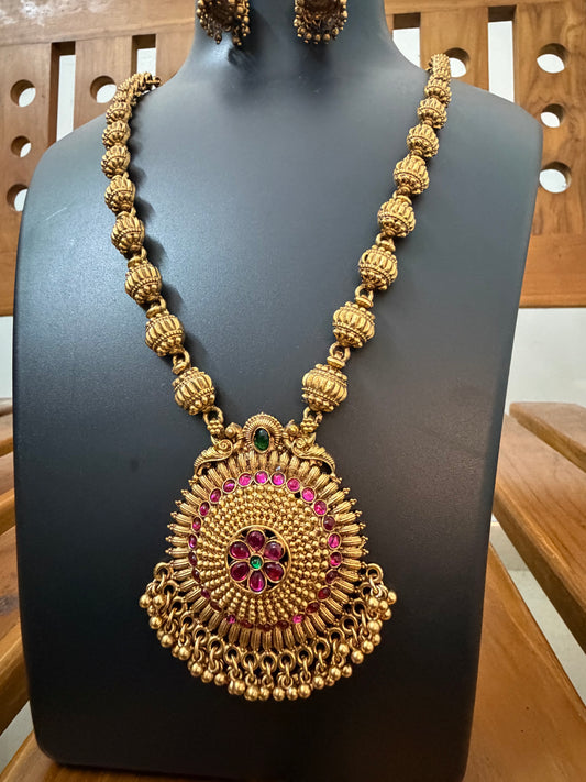 Gundu Ball Long Haram with Big Sunflower Pendant - Ruby Kemp Temple Jewellery Set