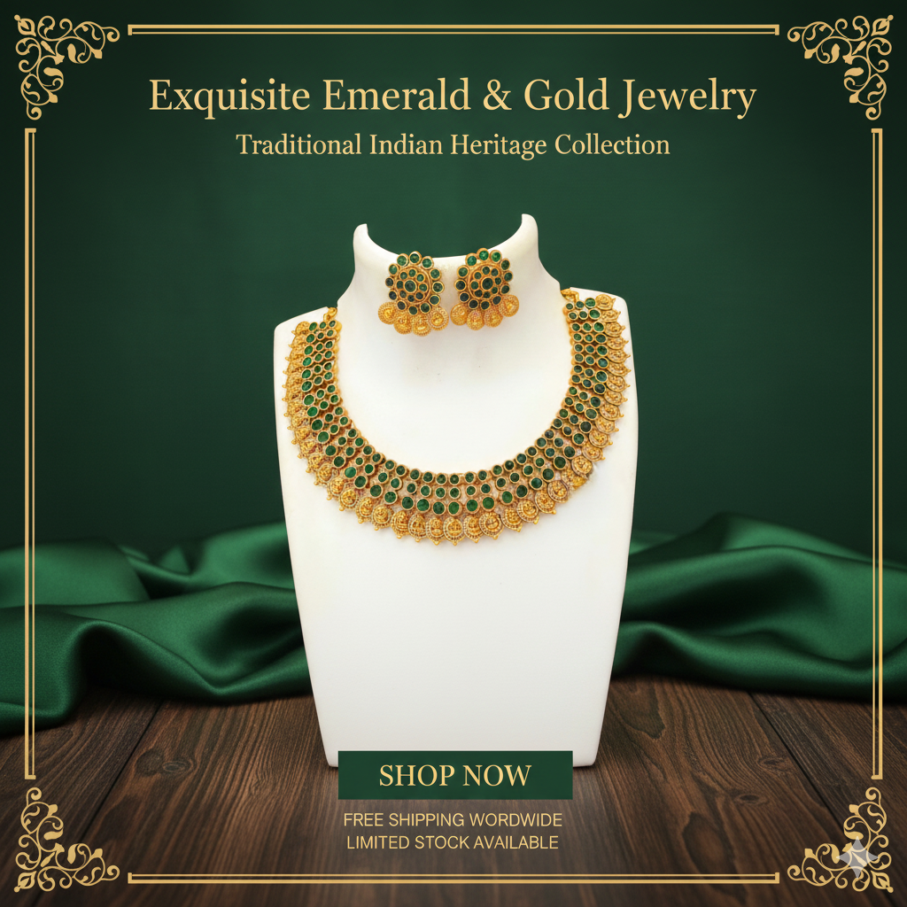 Heavy Kasu Necklace Set with brilliant  Green Kemp Stones