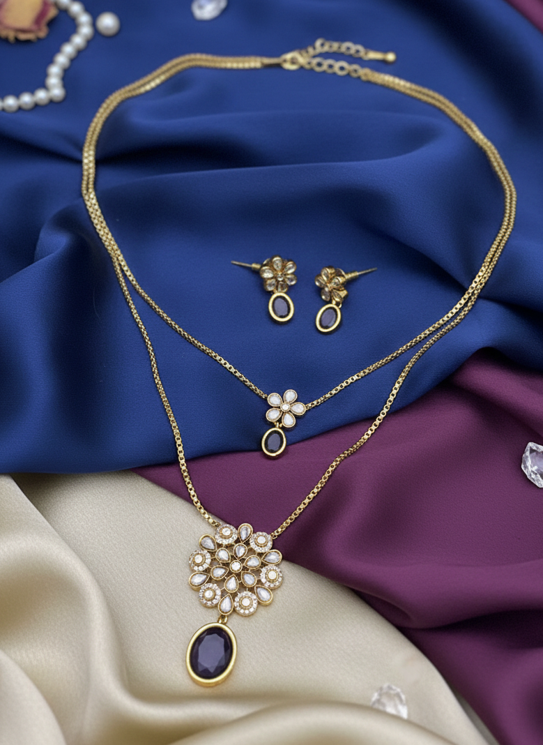 Midnight Bloom Blue Stone Pendant Set | Saanvi by Rajani