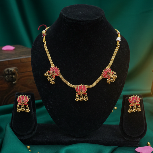 Lotus  Necklace Set with Matching Earrings | Temple & Festive Jewellery