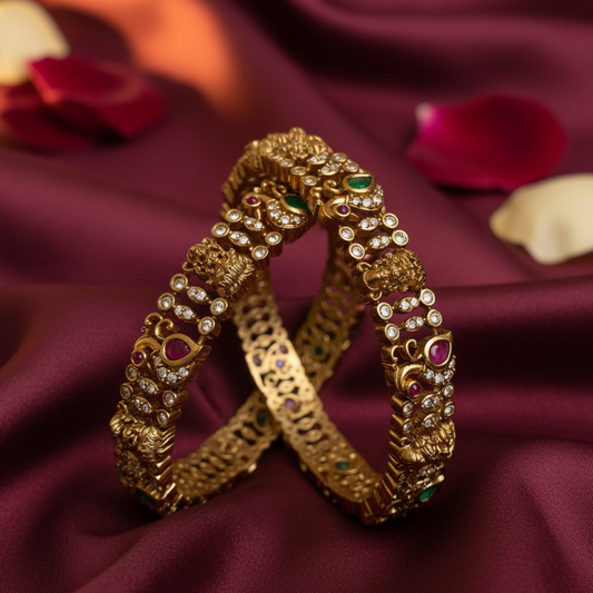 CZ Stone Bangle Set with Ruby & Emerald Floral Accents (Set of 2) - GJ5880