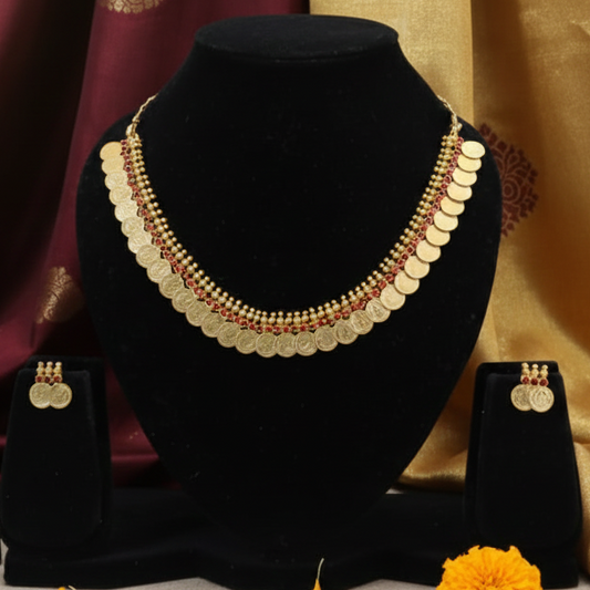 Antique Gold Plated Lakshmi Coin Necklace Set with Ruby stones : Code: CNR499