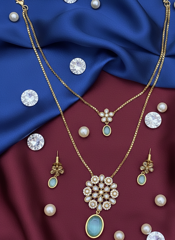 Midnight Bloom Blue Stone Pendant Set | Saanvi by Rajani