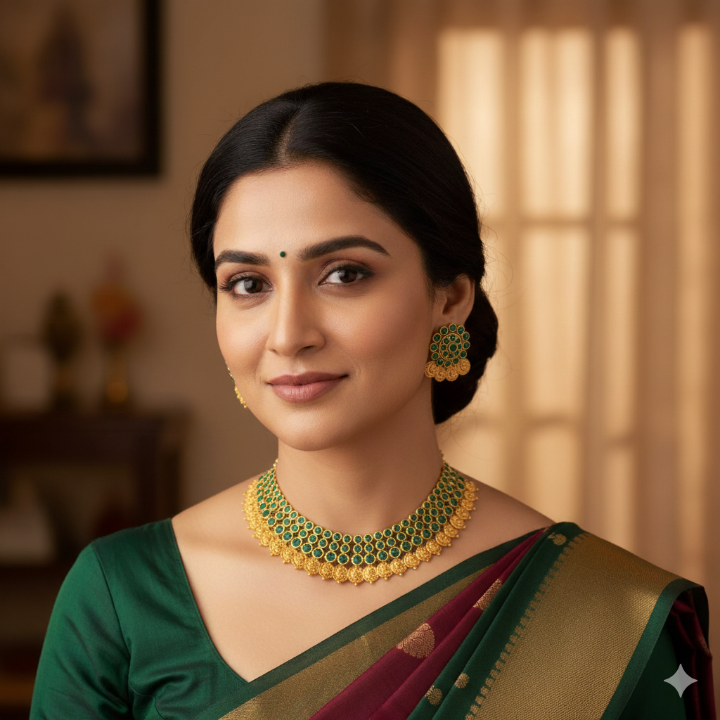 Heavy Kasu Necklace Set with brilliant  Green Kemp Stones