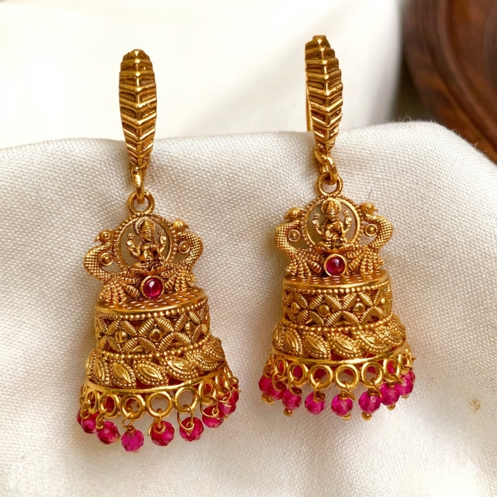 Lakshmi Temple Gold Jhumka Earrings – Antique Finish Festival Wear