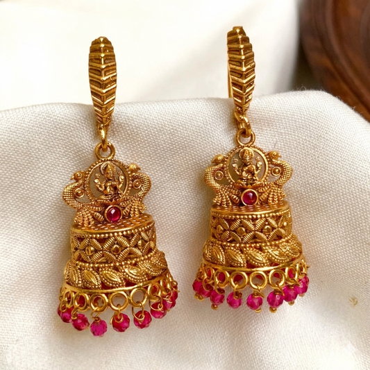 Lakshmi Temple Gold Jhumka Earrings – Antique Finish Festival Wear