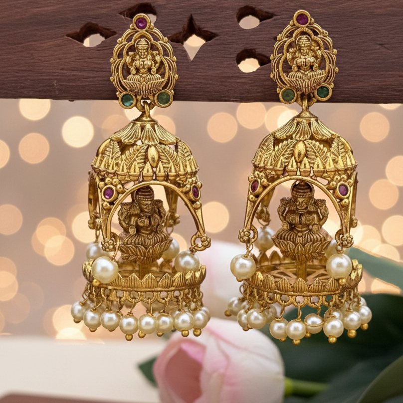 Exquisite Antique Gold Plated Lakshmi Temple Jhumka Earrings with Pearls | Traditional South Indian Jewellery