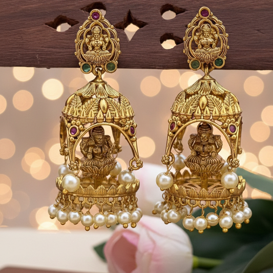 Exquisite Antique Gold Plated Lakshmi Temple Jhumka Earrings with Pearls | Traditional South Indian Jewellery