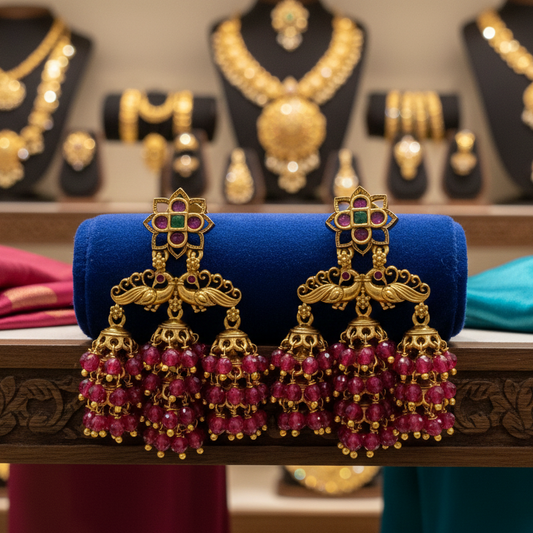 Gold-Finish Ruby Jhumka Earrings | Peacock Design Temple Jewellery for Weddings & Festive Wear EK
