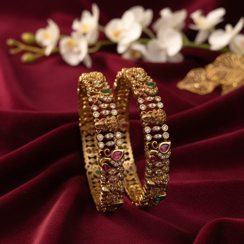 CZ Stone Bangle Set with Ruby & Emerald Floral Accents (Set of 2) - GJ5880
