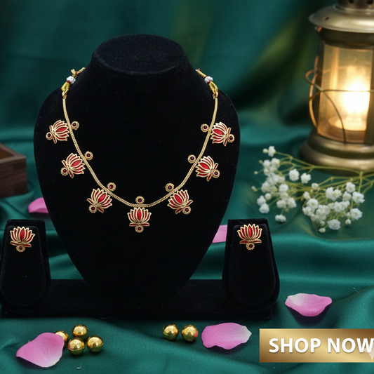 Lotus  Necklace Set with Matching Earrings | Temple & Festive Jewellery