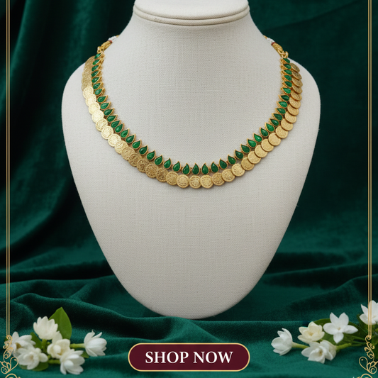 Kasu Necklace Set with Green Kemp Stones - Traditional Lakshmi Coin Jewelry Code: CNG499