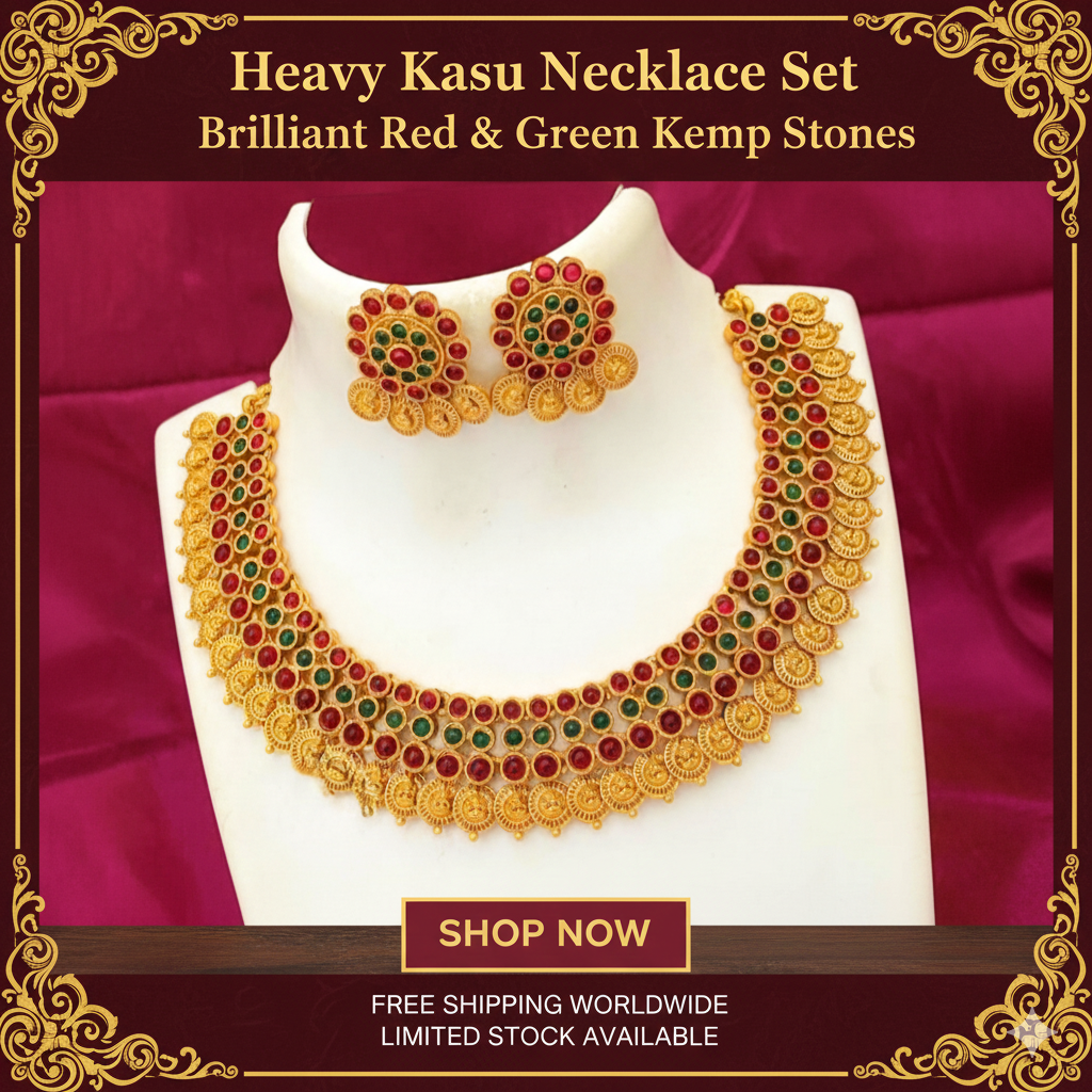 Heavy Kasu Necklace Set with brilliant  Green Kemp Stones