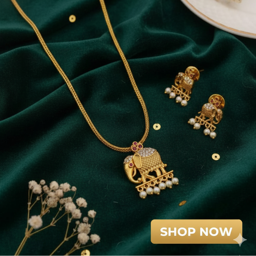 Elephant Pendant Necklace Set with Pearl Drops | Temple Jewellery I SP 1650