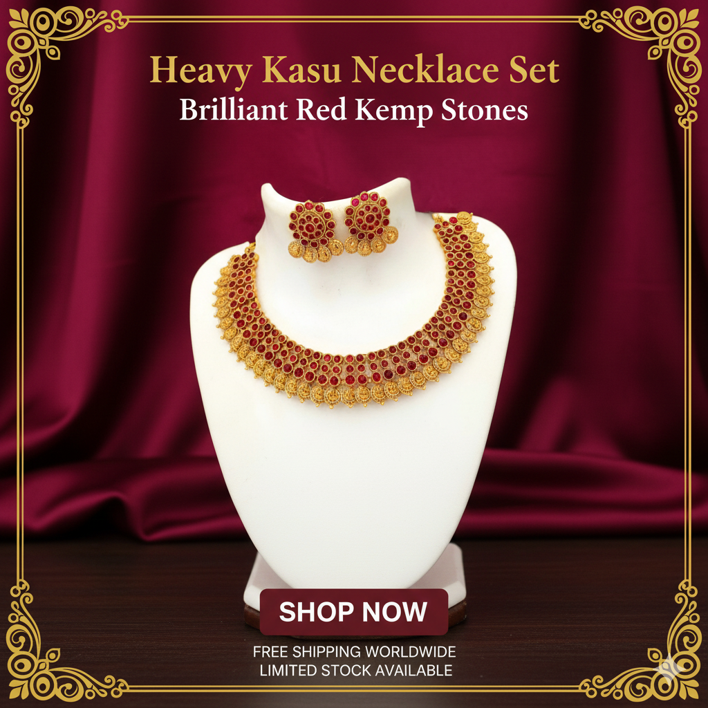 Heavy Kasu Necklace Set with brilliant  Green Kemp Stones